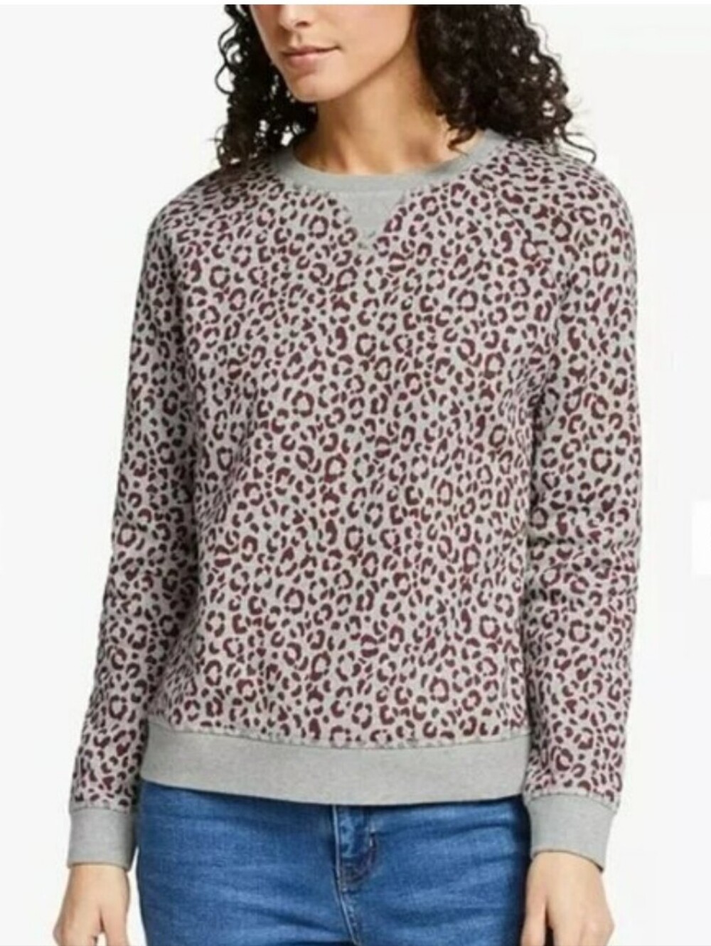 Boden Animal Print Crewneck Sweatshirt - Grey with Burgundy Leopard Spots